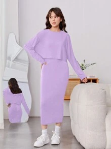 少女(大尺寸)優雅休閒紫色長袖T恤和V領背心裙2件式套裝 - 淡紫色 - 查看 5