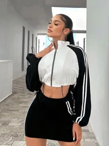 SHEIN SXY 條紋圖案側插肩袖抽繩下擺短夾克&包臀半身裙 - 黑與白 - 查看 1