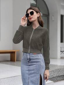 Mulvari 純色拉鍊短款飛行員夾克 - 軍綠色 - 查看 5