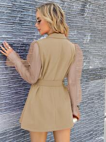 SHEIN Clasi Contrast Mesh Flare Sleeve Double Breasted Belted Blazer Dress - Khaki - View 2