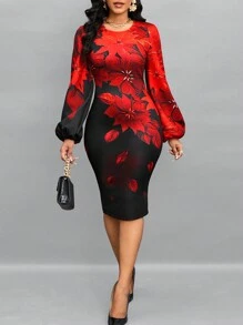 SHEIN Lady Floral Print Lantern Sleeve Bodycon Dress - Multicolor - View 6