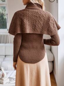 SHEIN Privé 麻花編織開襟衫&小高領針織披肩 - 棕色 - 查看 2