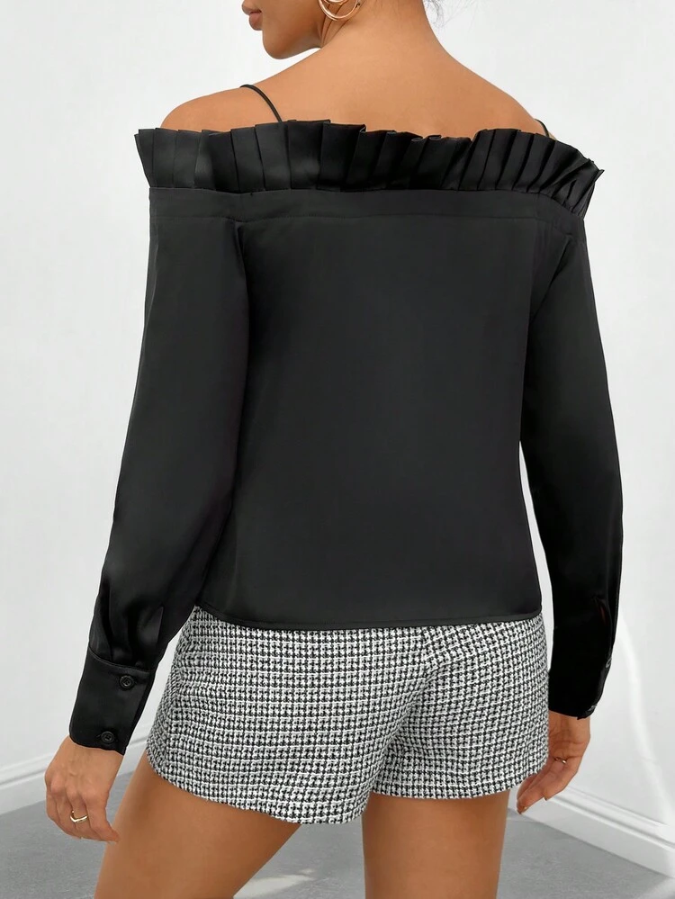 Cold Shoulder Ruffle Trim Button Front Satin Blouse