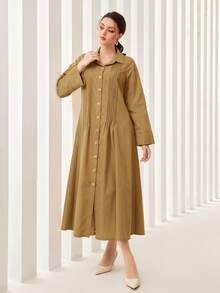 Mulvari Solid Button Front Shirt Dress - Khaki - View 4