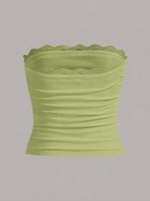 SHEIN EZwear 蕾絲拼接褶邊前蝴蝶結抹胸上衣 - 青檸色 - 查看 2