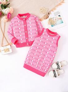 Baby Girl Heart & Letter Graphic Jacket & Dress - Hot Pink - View 1