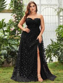 Plus Floral Appliques Split Thigh Mesh Tube Party Dress Black Elegant Formal Evening Prom Wedding Guest Gown, For Graduation, Dinner - Black - View 6