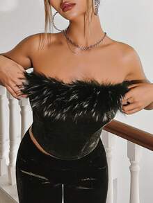 SHEIN ICON Top bandeau ribete lanudo de terciopelo - Verde - Ver 4