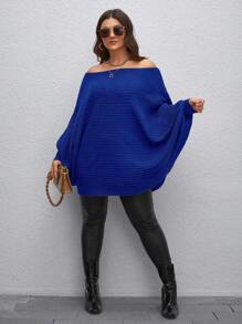 Calvaya Suéter de punto con mangas de murciélago y hombros descubiertos para otoño e invierno, talla grande - Azul - Ver 1