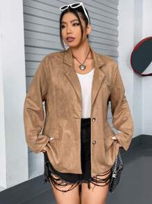 Flirla Plus Lapel Neck Single Breasted Suedette Blazer - Brown - View 5