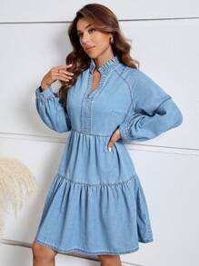 SHEIN LUNE 插肩袖荷葉邊牛仔洋裝 - 淺色水洗藍 - 查看 4