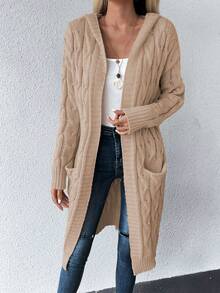 SHEIN Essnce 雙口袋落肩袖連帽開襟開衫 - 卡其色 - 查看 3