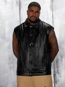 Manfinity VCAY Men Plus Loose Fit Pu Leather Sleeveless Jacket, For Fall Winter - Black - View 5