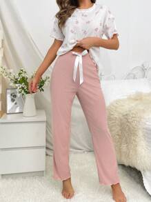 Floral Print White Tee & Pants PJ Set / Pajama Set - White - View 6