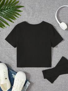 SHEIN Tween女孩純色短袖T卹，帶星星印花，夏季 - 黑色 - 查看 3