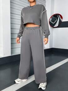 Flirla 大碼頂針落肩袖短款運動衫和運動褲 - 灰色 - 查看 2