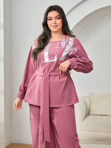 Mulvari Plus Letter Graphic Drop Shoulder Belted Top & Wide Leg Pants - Coral Pink - View 2