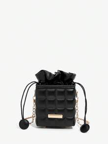 SHEIN SXY PU皮革抽繩細節女性斜挎包 - 黑色 - 查看 2
