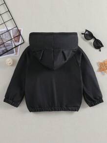 女嬰字母圖案拉鍊 3D 耳朵設計連帽運動衫 - 黑色 - 查看 2