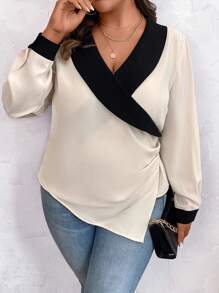 SHEIN Clasi 大碼拼接邊側收褶不對稱下擺襯衫