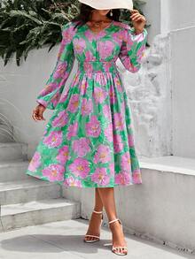 SHEIN VCAY 印花燈籠袖洋裝 - 綠色 - 查看 3