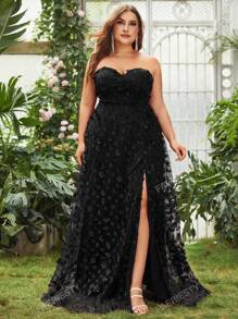 Plus Floral Appliques Split Thigh Mesh Tube Party Dress Black Elegant Formal Evening Prom Wedding Guest Gown, For Graduation, Dinner