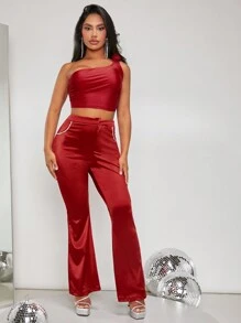 SHEIN SXY High Waist Rhinestone Detail Flare Leg Suit Pants - Burgundy - View 3