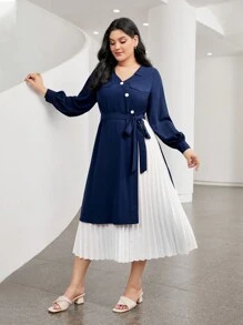 Mulvari Plus Two Tone Pleated Hem Belted Dress - Multicolor - View 4