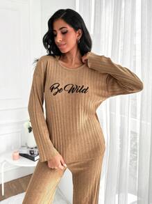 RueChic Letter Graphic Drop Shoulder Lounge Set - Brown - View 5