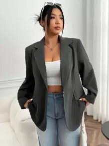 SHEIN EZwear 大碼西裝領翻蓋細節單釦西裝外套 - 灰色 - 查看 3