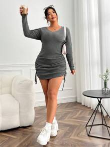 SHEIN EZwear 빅 사이즈 스트링 골지 니트 스웨터 드레스 - 회색 - 보기 6