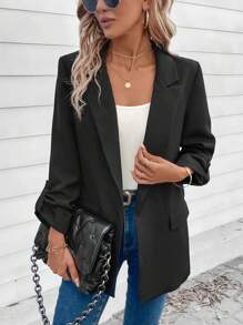 SHEIN LUNE 西裝領捲邊袖西裝外套 - 黑色 - 查看 3