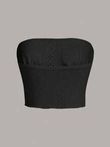 SHEIN Sweetina 前繫帶胸部褶皺短款網眼刺繡抹胸上衣 - 黑色 - 查看 2