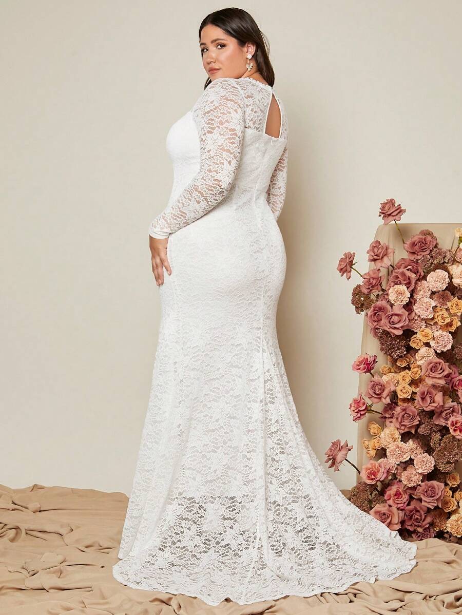 SHEIN Belle Plus Solid Lace Wedding Dress Without Veil - White - View 1