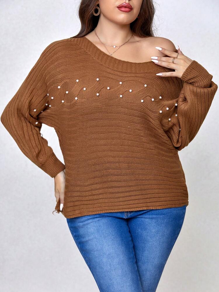 Plus Size Elegant Beaded Asymmetric Collar Sweater, Autumn