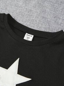 SHEIN Tween女孩純色短袖T卹，帶星星印花，夏季 - 黑色 - 查看 6