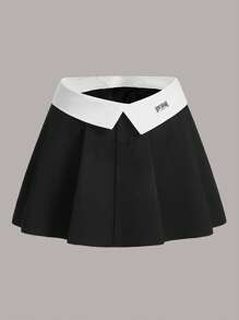 SHEIN ICON 大碼字母補丁細節腰部折疊百褶半身裙 - 黑與白 - 查看 1