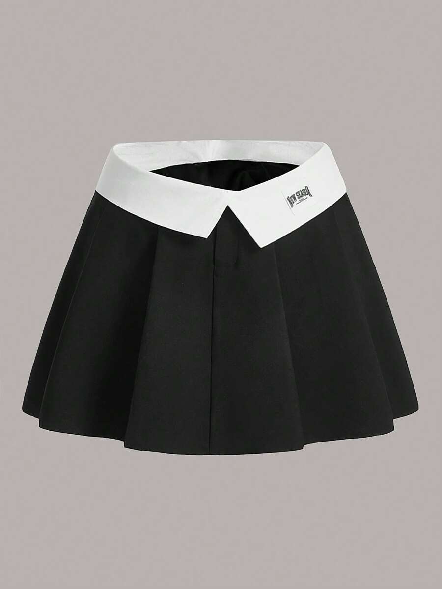 SHEIN ICON 大碼字母補丁細節腰部折疊百褶半身裙 - 黑與白 - 查看 1