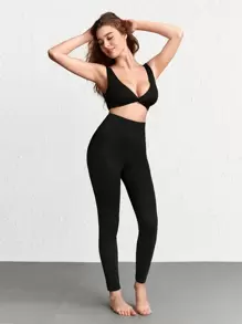 Ocili 素色開門襟睡袍&緊身打底褲&前扭結上衣休閒服套裝 - 黑色 - 查看 3