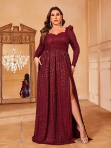 大碼雞心領口高衩亮片正式洋裝 - 酒紅色 - 查看 4