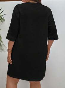 SHEIN Frenchy Hơn Chất rắn Cổ có Lỗ hổng Nút phía trước Tay áo cuộn Đầm - màu đen - Xem 6