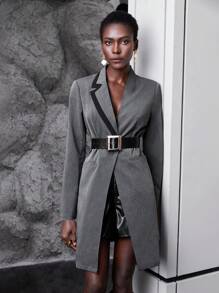 Maija Lapel Collar Open Front Coat Without Belt - Light Grey - View 4