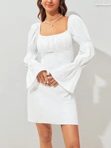 Soleia Solid Square Neck Flounce Sleeve Ruched Bust Dress - White - View 1