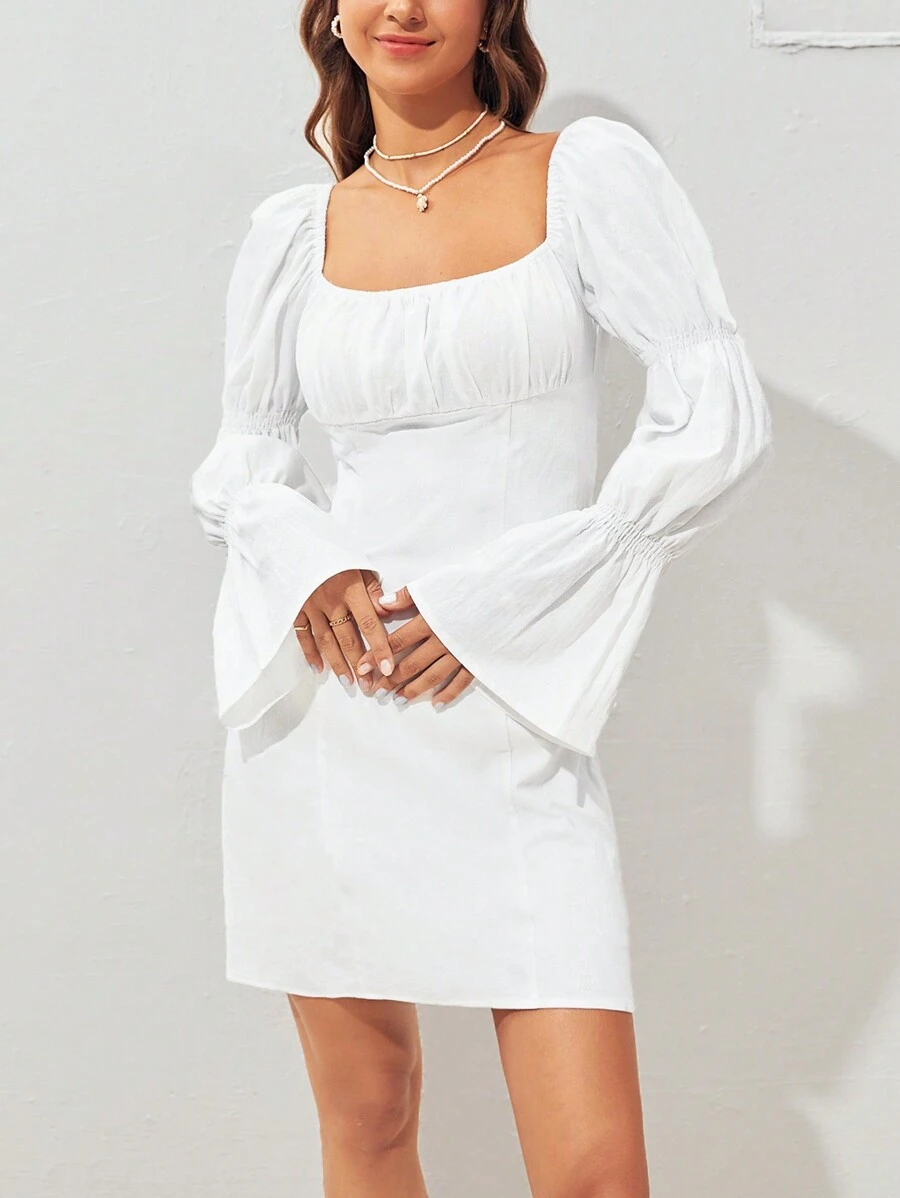 Soleia Solid Square Neck Flounce Sleeve Ruched Bust Dress - White - View 1