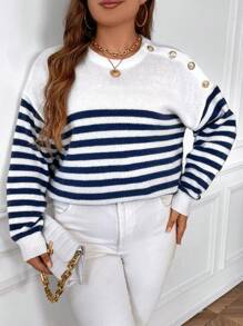 SHEIN Frenchy Plus Striped Pattern Drop Shoulder Sweater - Blue and White - View 1