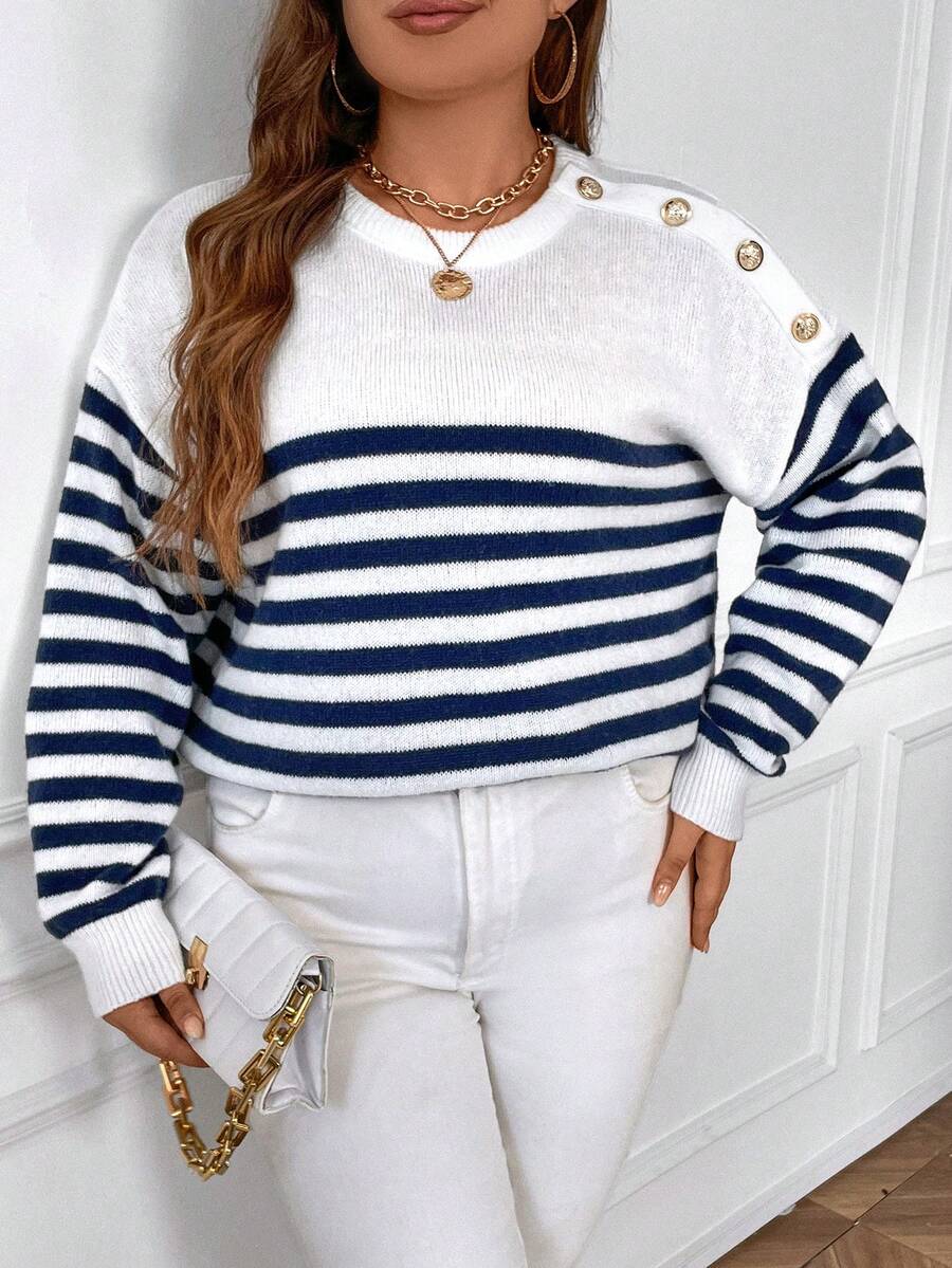SHEIN Frenchy Plus Striped Pattern Drop Shoulder Sweater - Blue and White - View 1