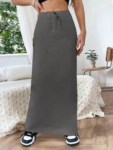 SHEIN EZwear 側翻蓋口袋腰部抽繩側翻蓋口袋工裝裙 - 灰色 - 查看 3