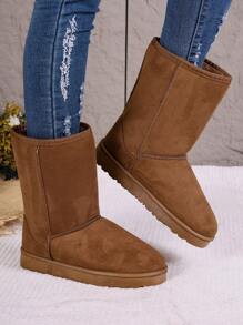 女士纯色羊毛中筒保暖雪地靴，时尚软底保暖内衬雪地靴，防滑舒适冬靴 - 棕色 - 查看 4