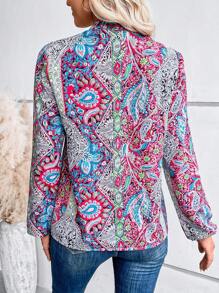 SHEIN LUNE 佩斯利印花缺角領口燈籠袖襯衫 - 紅色 - 查看 2