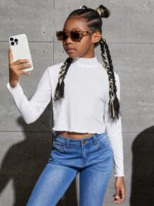 SHEIN Cô gái Cổ giả Ren Mộc nhĩ Áo phông Crop - Nhiều màu - Xem 2